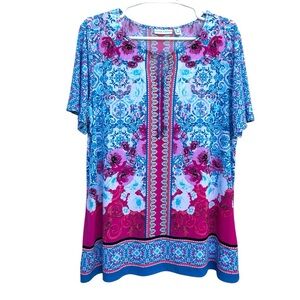 Susan Graver Liquid Knit Blue and Pink Floral Medallion Print Short Sleeve Top